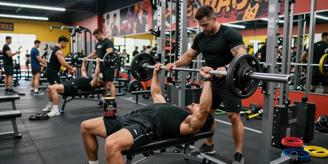 Prime Pharma Steroids visible during intense bench press workout, showcasing commitment to bodybuilding.
