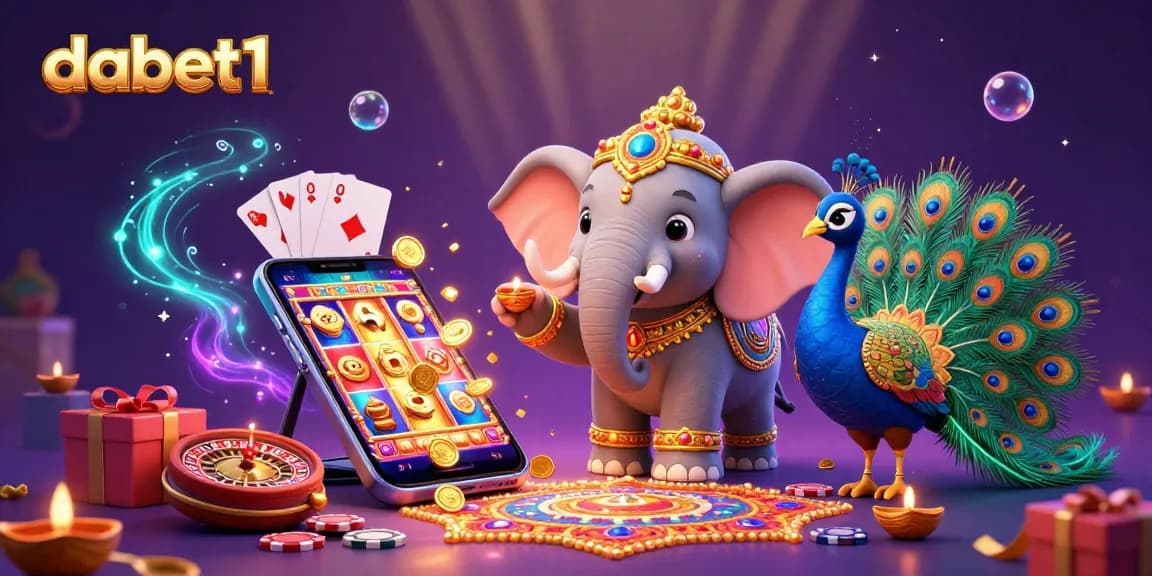 Dabet1's colorful slots scene features a Diwali-themed elephant and peacock amidst dynamic casino gameplay elements.