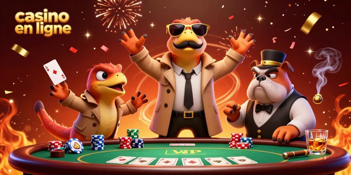 Trois raptors déguisés en homme entrant dans un casino en ligne, entourés de jetons et une table de poker.