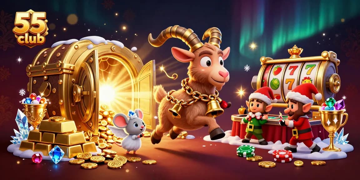 Experience the thrill of the 55 club casino with Krampus running the action amid treasure.