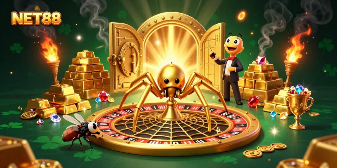Experience the ultimate excitement of NET88 with a vibrant roulette wheel scene featuring captivating characters.