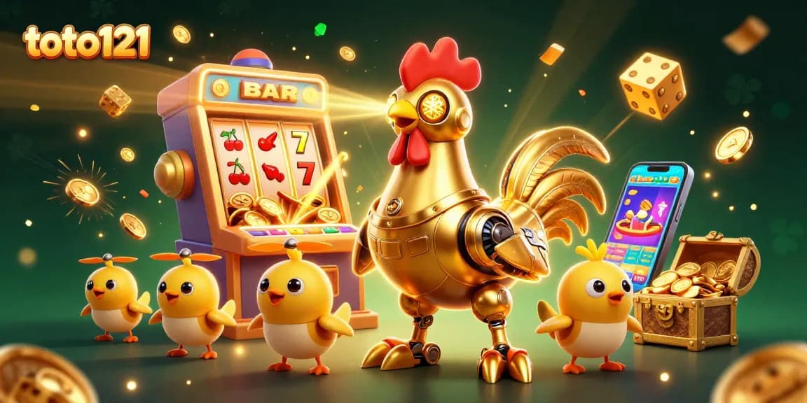 Engage with toto121's exciting slot games illustrated with a golden rooster robot and dynamic casino elements.