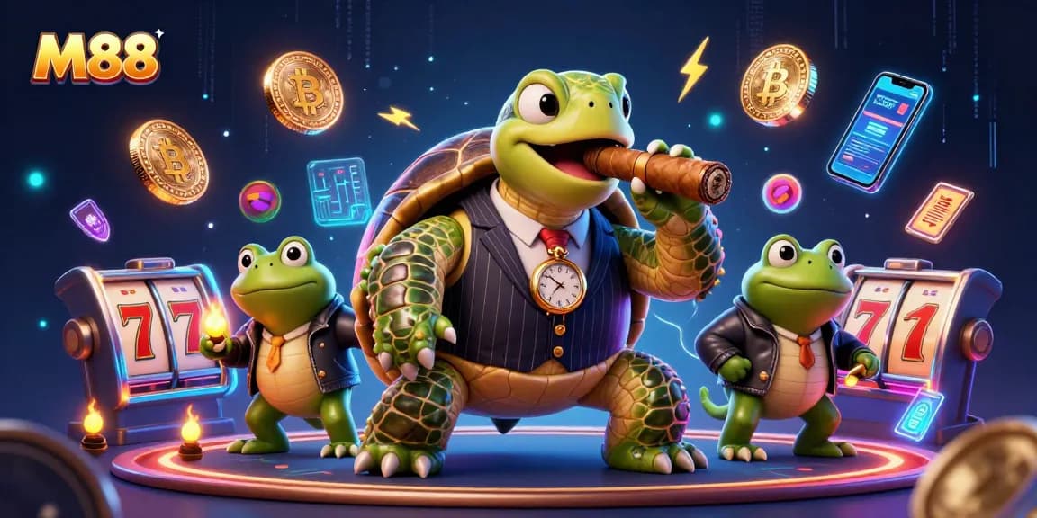 Engage with M88's vibrant casino scene animated by a turtle mobster and bullfrog enforcers.