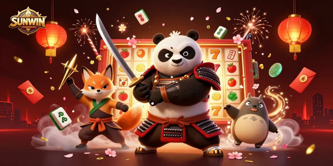 SUNWIN thematic casino illustration showcasing samurai panda, ninja fox, and magical tanuki amidst vibrant slot game visuals.