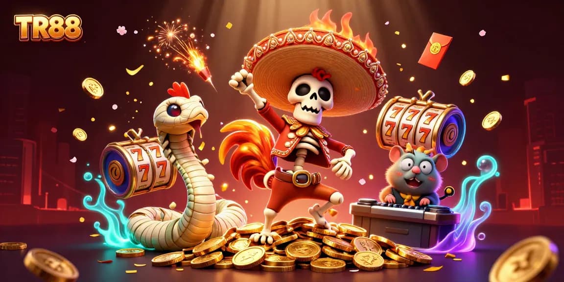 Celebrate wins at TR88 with a vibrant scene of casino characters celebrating a jackpot victory.