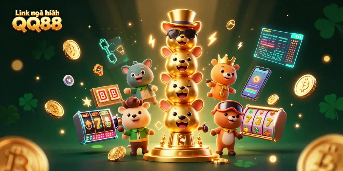 Engage with the vivid scene of Link mới nhất QQ88 showcasing vibrant 3D illustrations of a casino-themed totem pole.