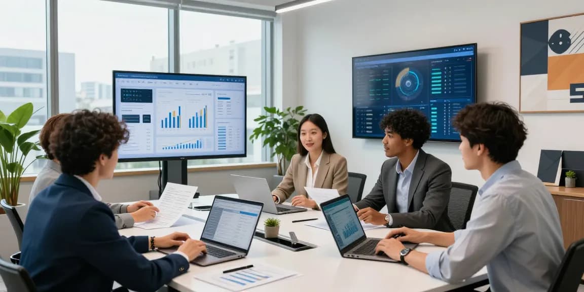 Collaboration d'une équipe à un bureau moderne de la CIBC, analyse de données financières et outils numériques pour entreprises.