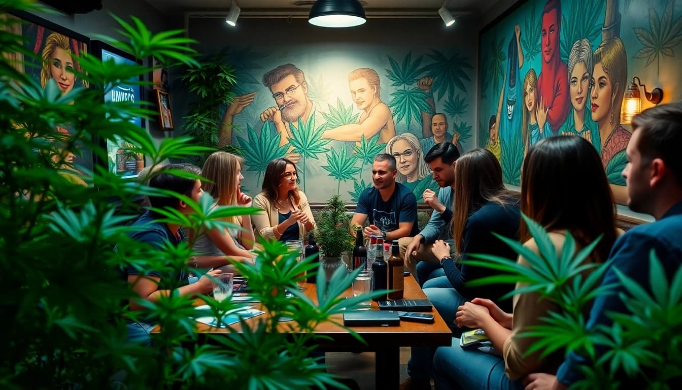 Erlebe die entspannte Atmosphäre im cannabis club hamburg mit glücklichen Besuchern.