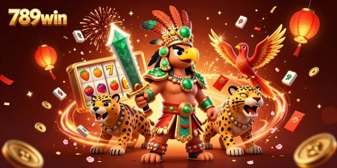 Experience the excitement of 789win with colorful slot reels and dynamic Aztec warriors in a vibrant casino scene.