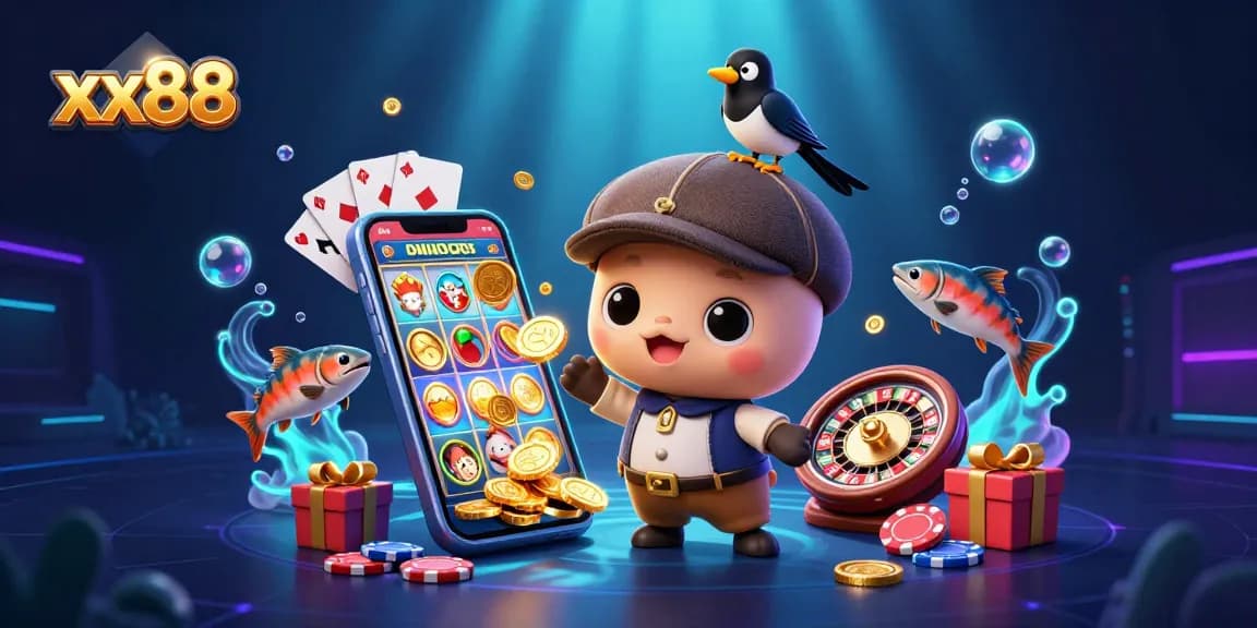Play colorful slot games at xx88 with playful Nessie and gold-obsessed magpie in a vibrant casino scene.