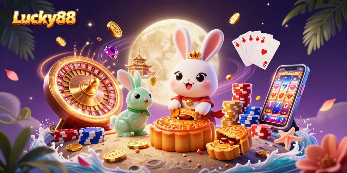 Engage with Lucky88 through vibrant casino elements featuring a moon rabbit and gold coins.