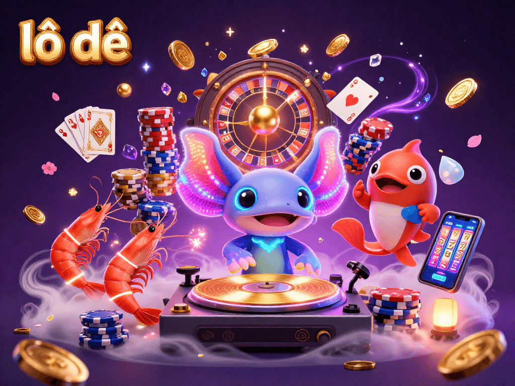 Engage in lô đề betting amidst a vibrant 3D casino scene filled with colorful characters and thrilling elements.