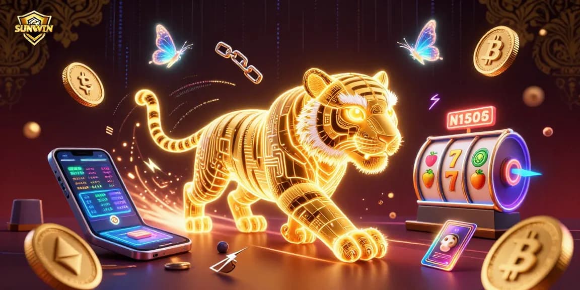 SUNWIN showcases an engaging neon-wireframe tiger amid a digital casino landscape, symbolizing online gambling.