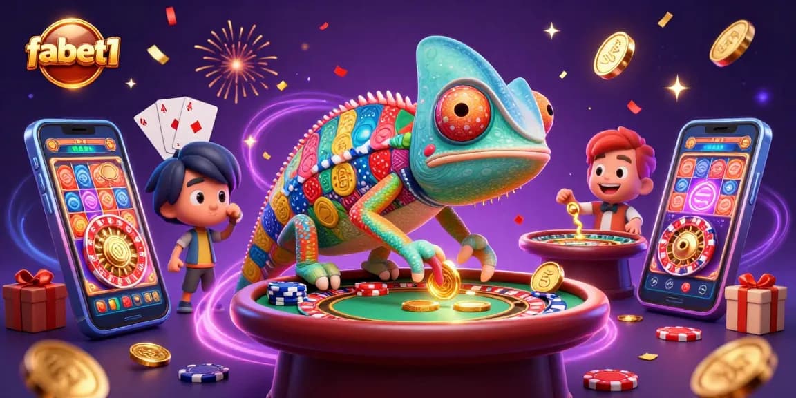 Experience fabet1 with vibrant chameleon casino owner surrounded by dynamic gaming elements.