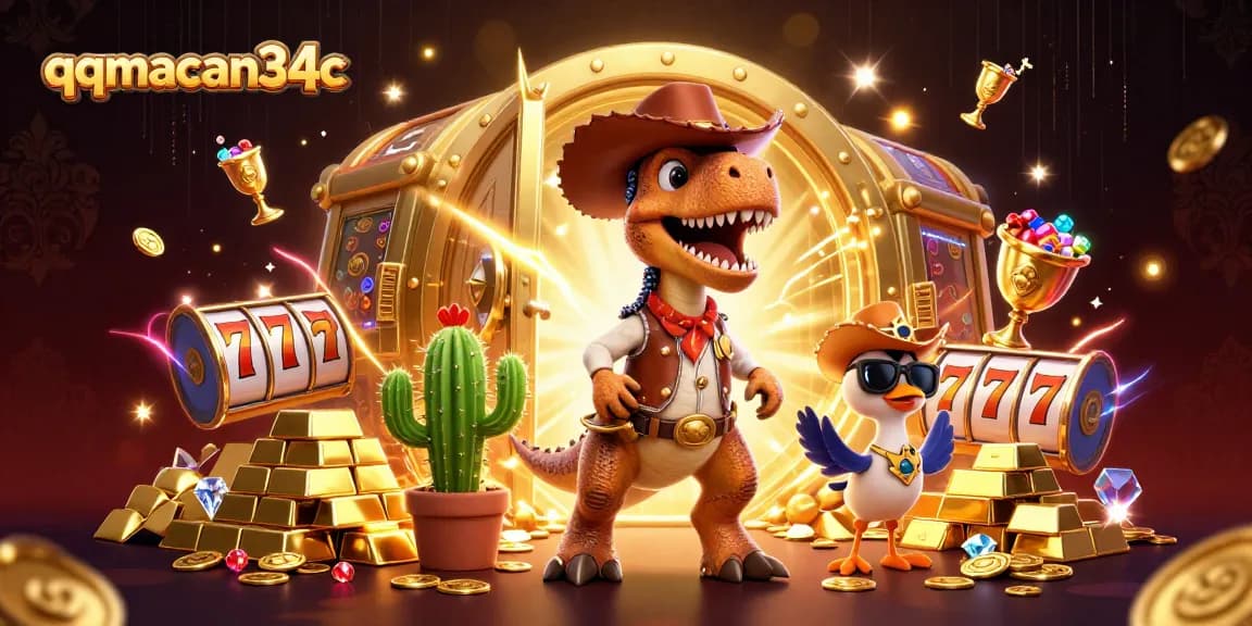 qqmacan34c showcases a vibrant scene with T-Rex, cactus, and roadrunner amidst slot reels and treasure.