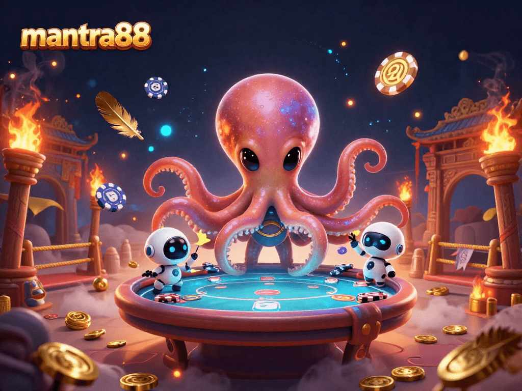 Experience the excitement of mantra88 with a 3D alien octopus engaging at a holographic poker table.