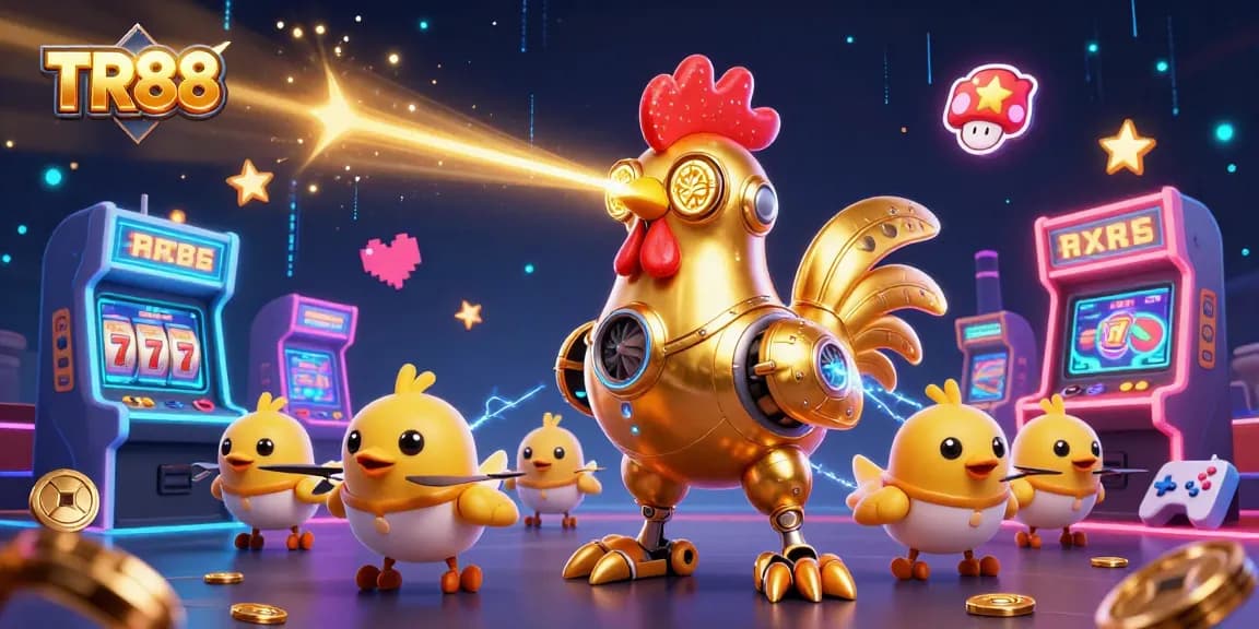 Bet on TR88 and win big with the exciting 3D casino-themed illustration featuring a golden rooster robot.