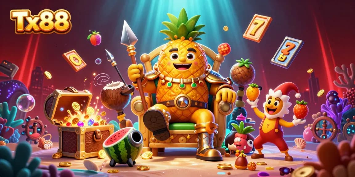 A vibrant casino scene showcasing Tx88 with a golden pineapple king amidst slot symbols, coins, and glowing elements.