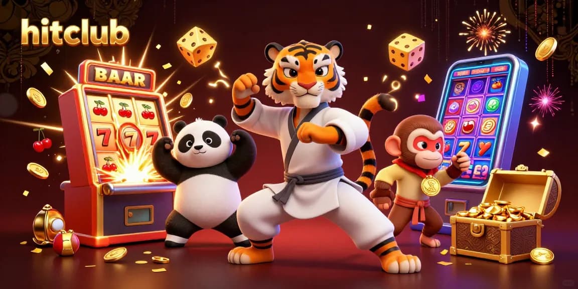 hitclub captivates players with an exciting 3D illustration of a tiger master and his panda disciple amidst casino elements.