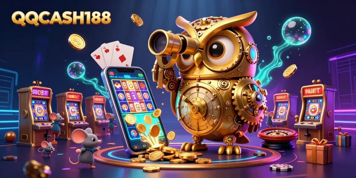 Spin the reels with QQCASH188 in this vibrant casino scene showcasing exciting games and fun!