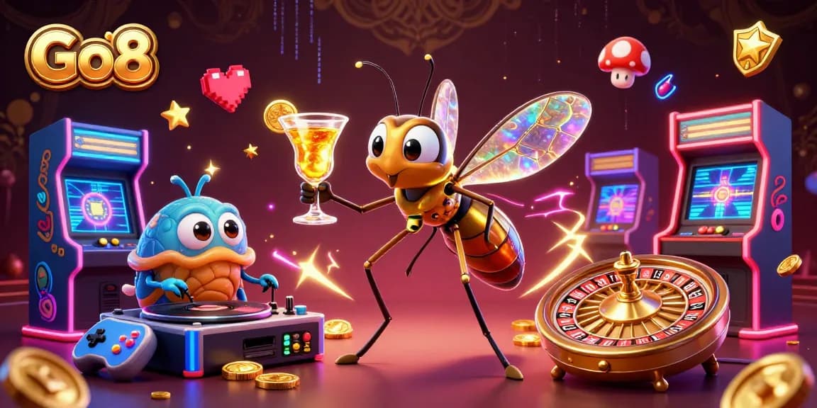 Go8 casino mascot interacts with a golden roulette wheel, creating an engaging gaming atmosphere.