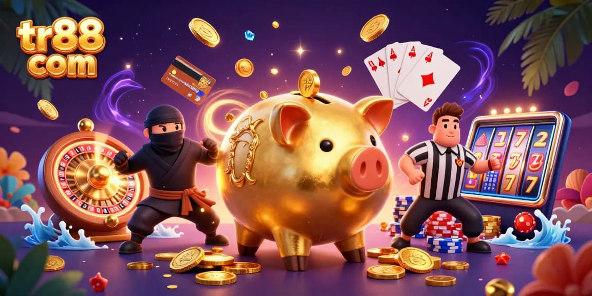 Cascading golden coins surround tr88 com as a piggy bank sumo wrestler prevails in a dynamic casino scene.