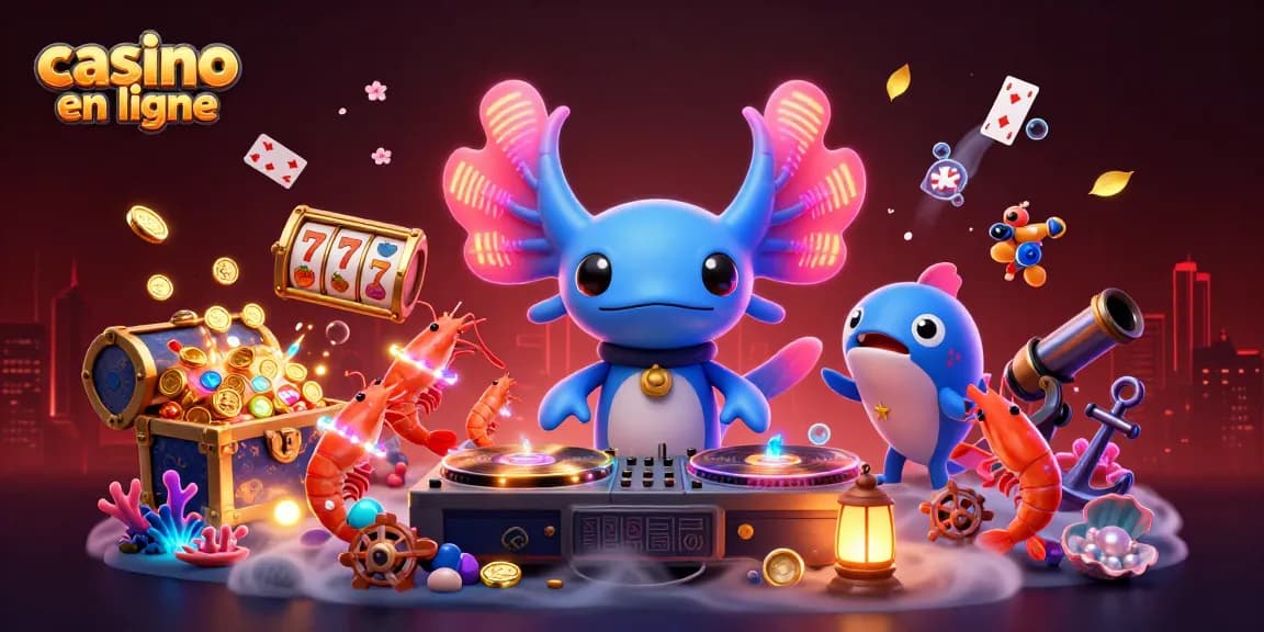 Visuel dynamique illustrant le casino en ligne avec un DJ axolotl, des crevettes dansantes et une ambiance aquatique.