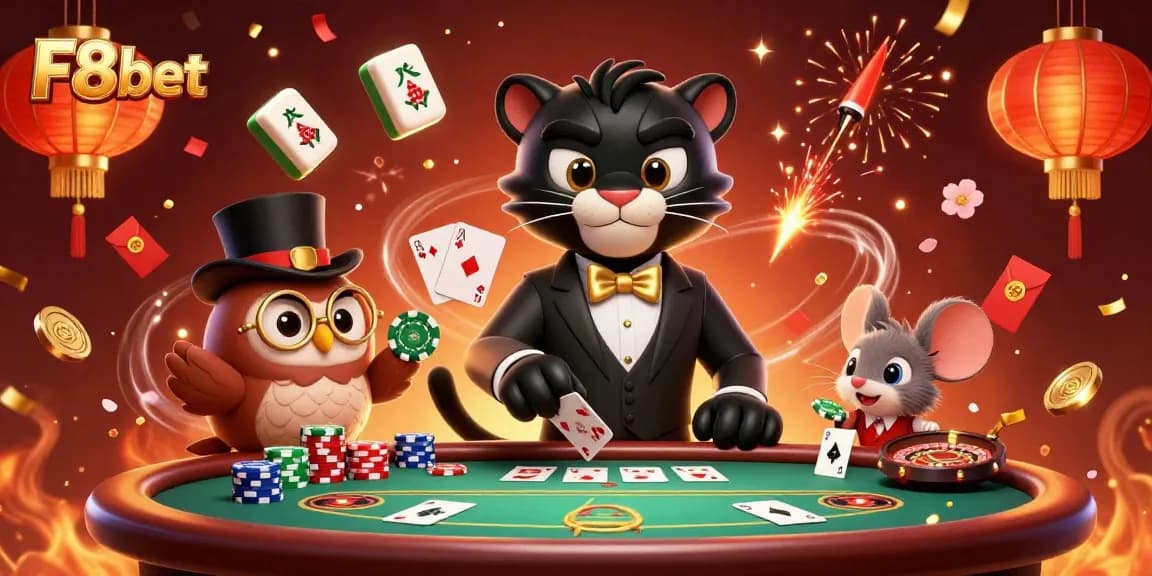 Experience the thrill of F8bet with an enchanting scene of vibrant casino elements and characters.