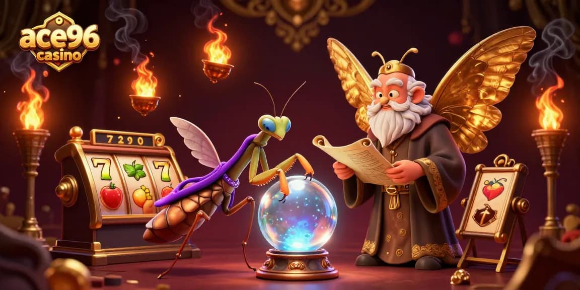 Experience the thrill at ace96 casino with vibrant slot reels and mystical characters.