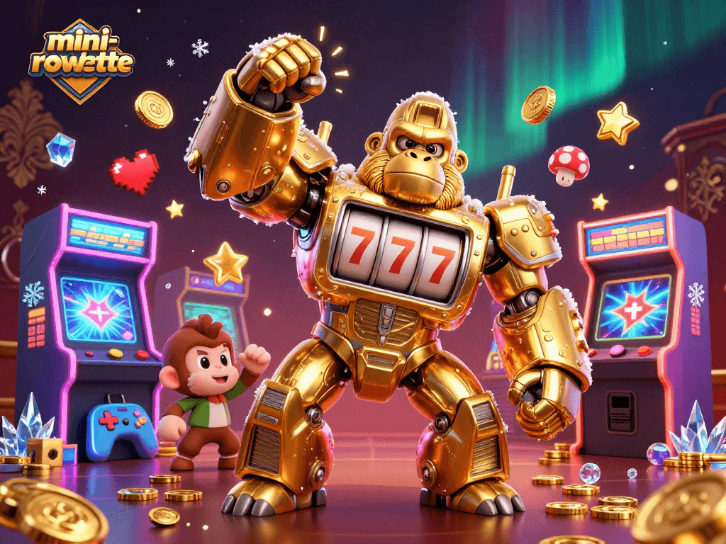Engage in mini-roulette with a vibrant digital illustration featuring a golden gorilla mech and arcade game elements.