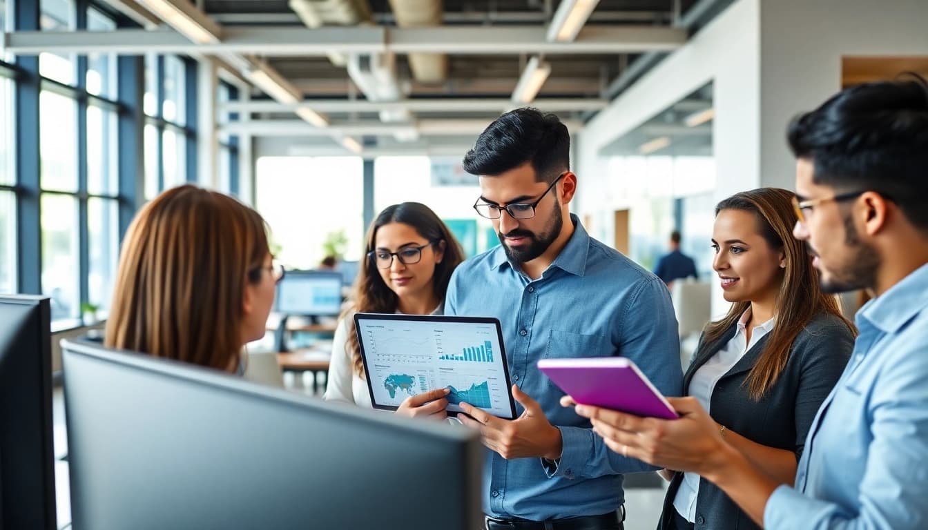 Analyze business energy prices with professionals in a bright office environment.