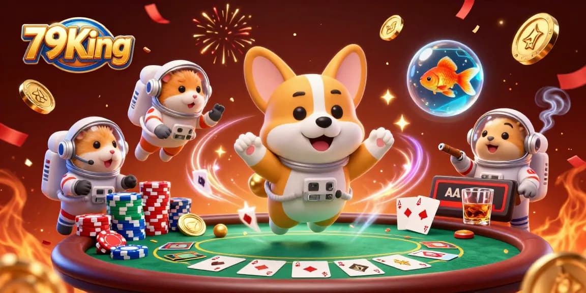Experience thrilling gambling at 79King with a vibrant space casino scene featuring playful characters and poker elements.