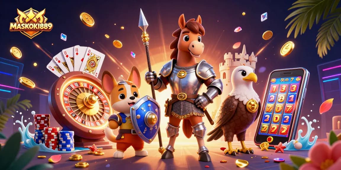 Experience winning thrills with MASKOKI889 in a vibrant casino scene filled with luxurious game elements and excitement.