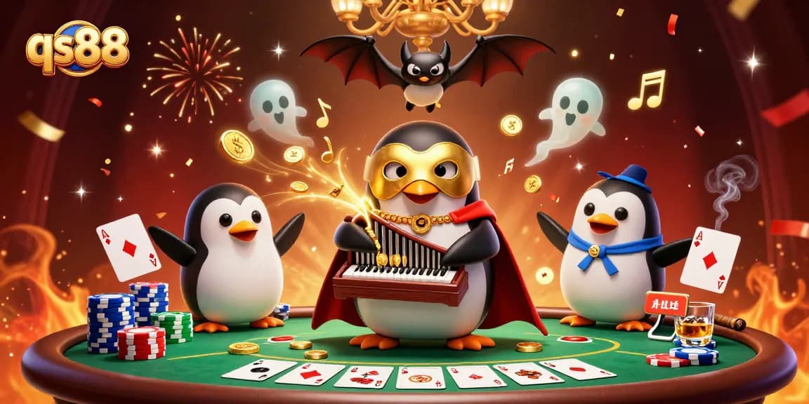 Experience qs88 with a 3D phantom opera penguin playing a golden organ, surrounded by lively casino elements.
