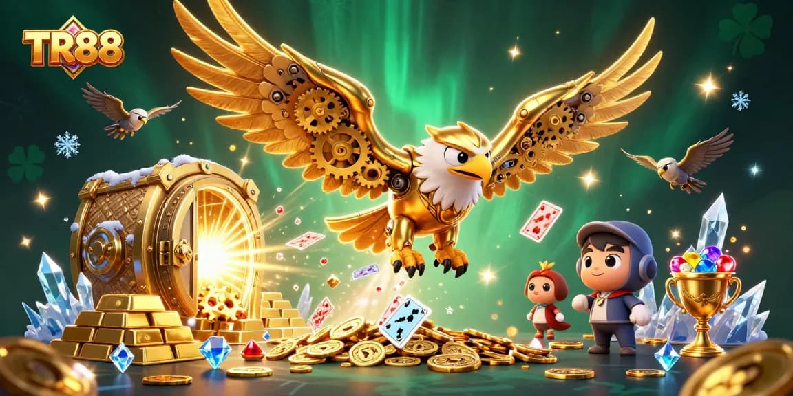 Catch winning opportunities at TR88 with a cybernetic eagle amidst treasures and vibrant casino elements.