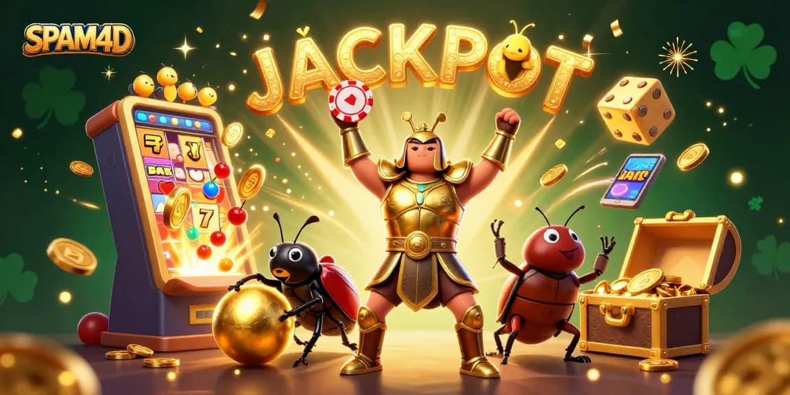 SPAM4D mengungkap jackpot dalam ilustrasi imersif kasino dengan serangga kartun dan mesin slot.