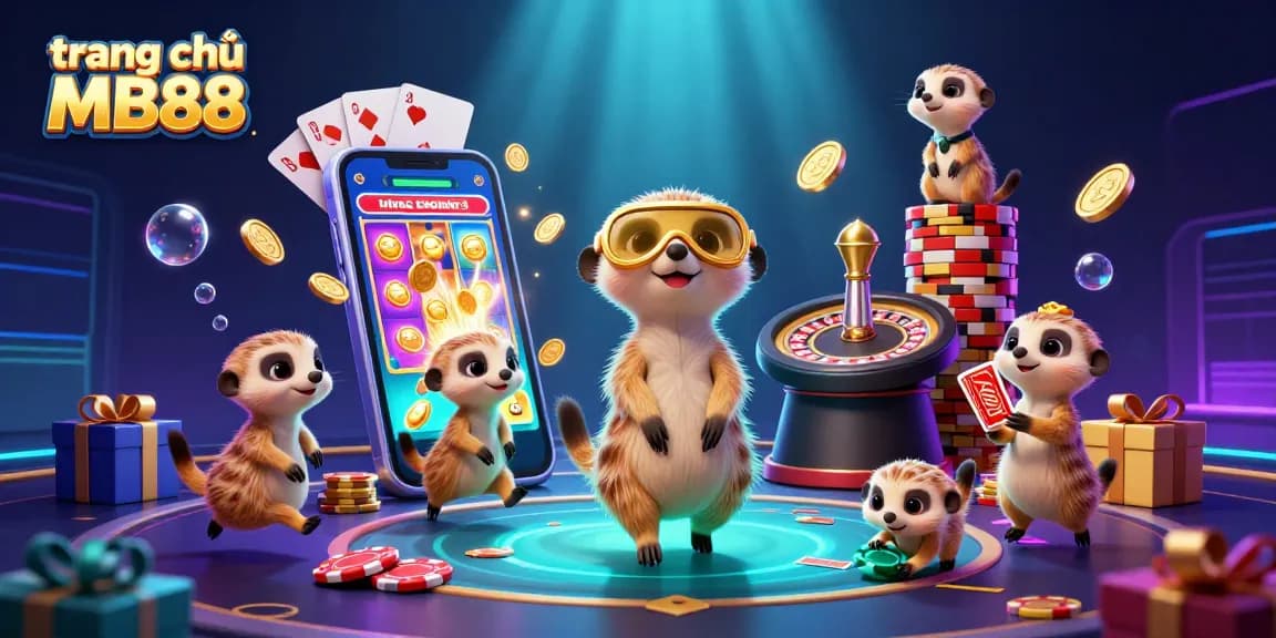 Experience the excitement of trang chủ MB88 with meerkats orchestrating a vibrant casino atmosphere, dynamic gaming action, and thrilling moments.