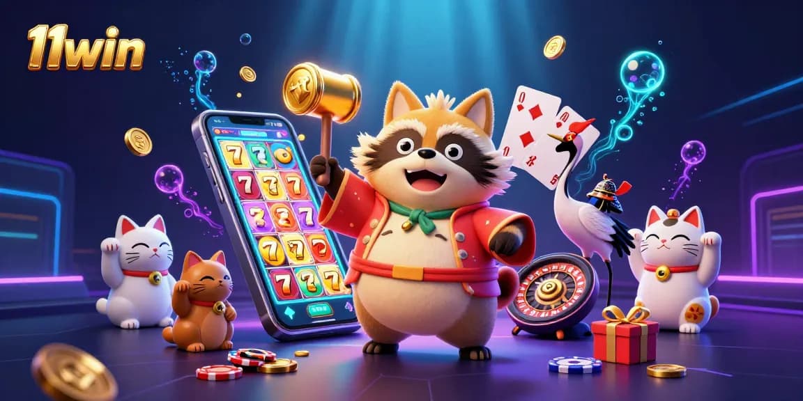Engage with 11win's vibrant illustration featuring a cheerful tanuki, samurai crane, and colorful maneki-neko's, embodying excitement in gaming.