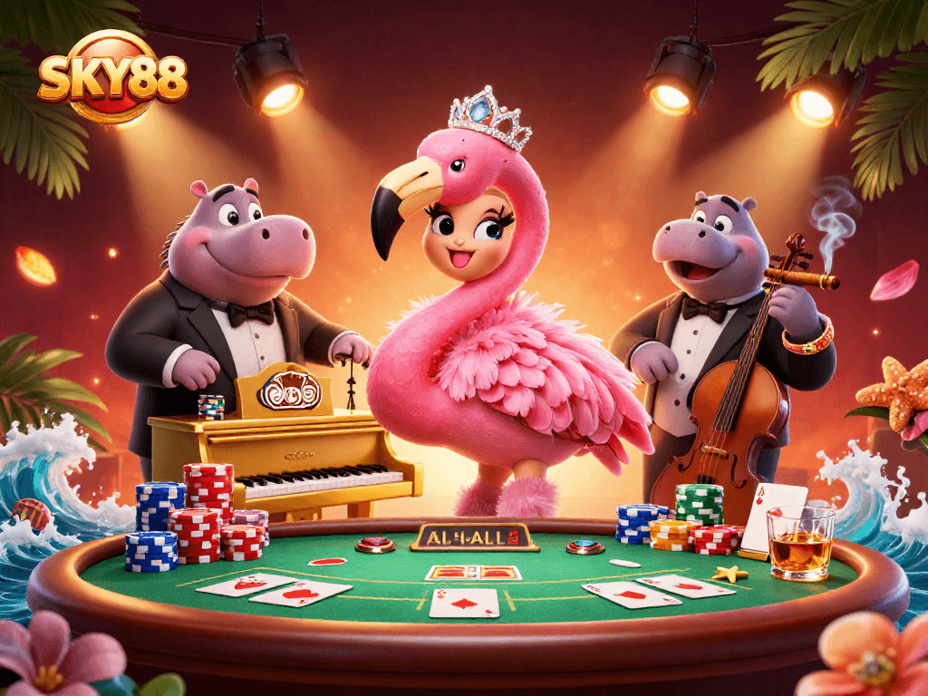 Engage in exciting gameplay with SKY88's vibrant casino scene featuring lively characters and rich details.