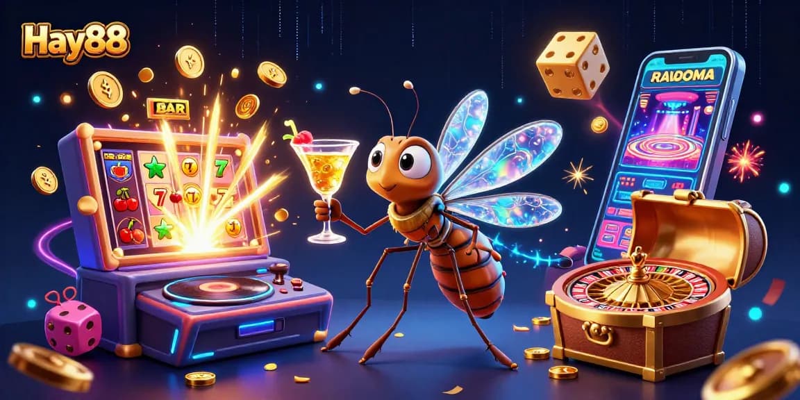 Experience the excitement of Hay88 with a vibrant 3D illustration of casino elements and characters.