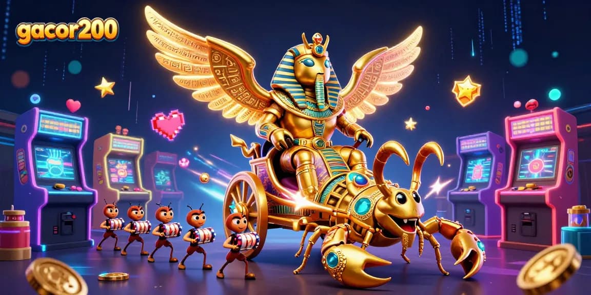 Gacor200 mendemonstrasikan slot online dengan scarab emas dan scorpion berliankan dalam adegan ceria.