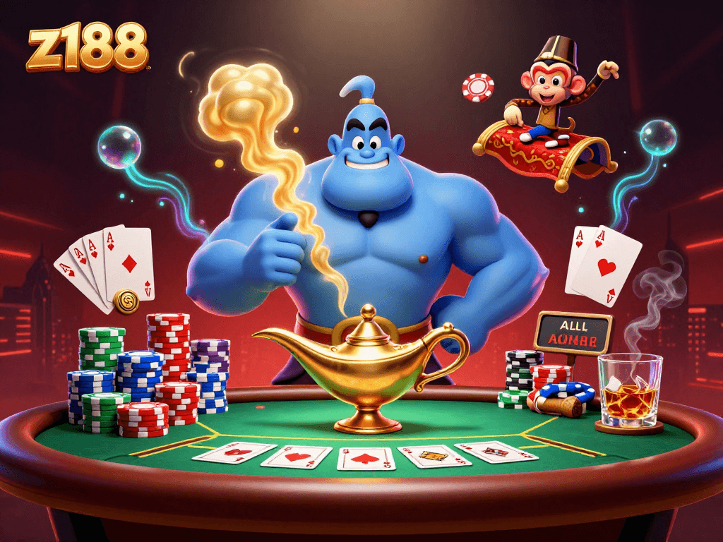 Experience z188's vibrant online casino atmosphere with magical characters and poker excitement.