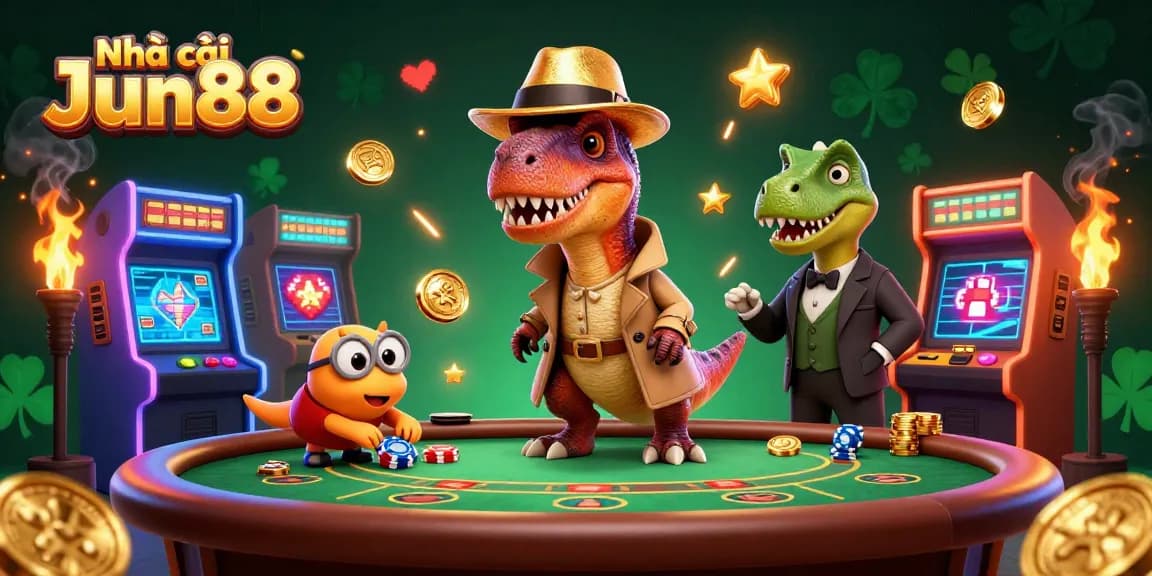 Engage with Nhà cái Jun88's vibrant casino scene featuring dynamic characters at a blackjack table.