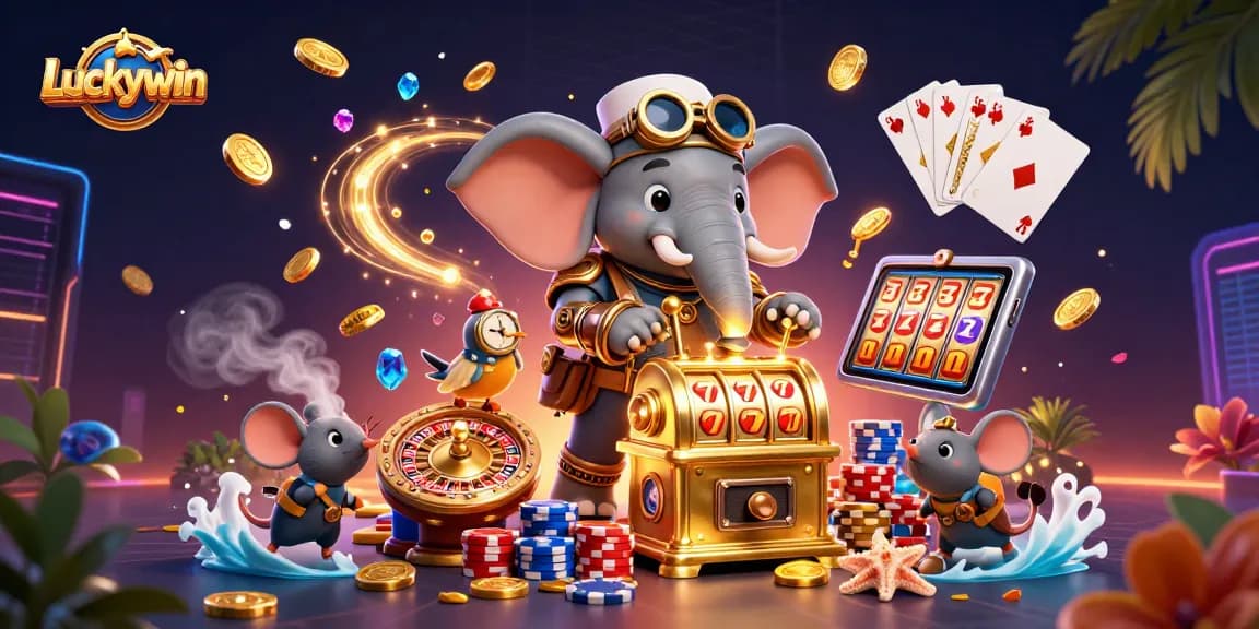 Experience winning excitement with Luckywin in an animated casino scene filled with games and treasures.