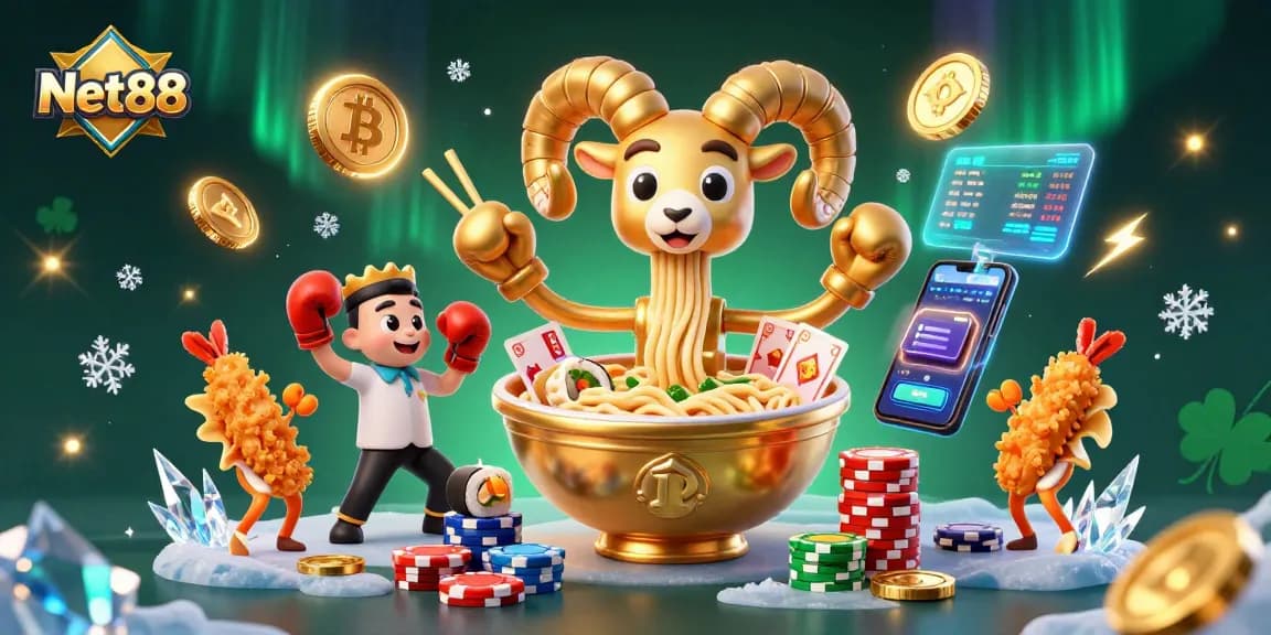 Engage with Net88 in a dynamic casino-themed illustration featuring vibrant digital elements and characters.