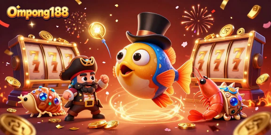 Menangkan permainan di Ompong188 dengan ilustrasi ceria yang menampilkan ikan angler dan teman-temannya.
