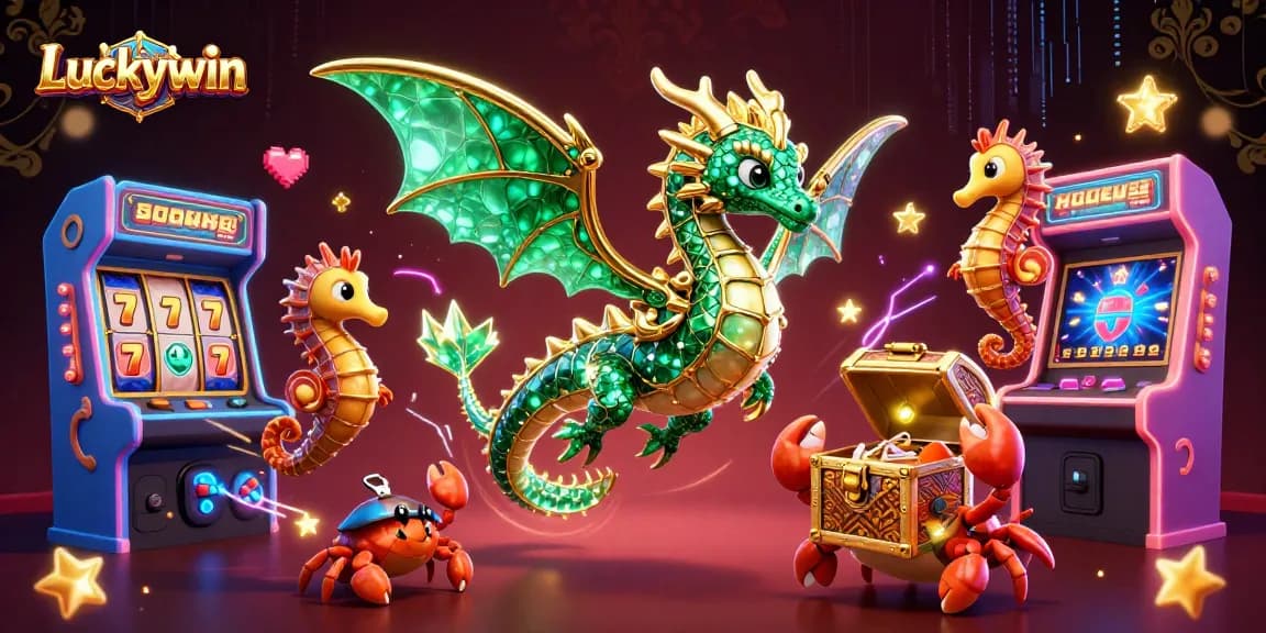 Join the Luckywin adventure with an emerald sea dragon amidst vibrant casino elements!