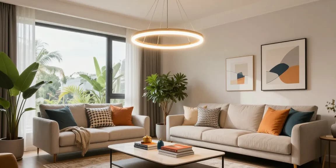 Lustre LED moderne iluminează un living elegant, cu decor contemporan și plante verzi.