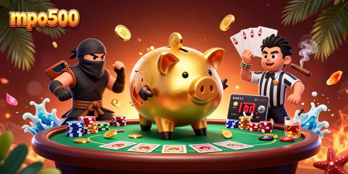 Experience exciting gameplay with mpo500 featuring a golden piggy bank wrestler, ninja, and referee at a vibrant poker table.