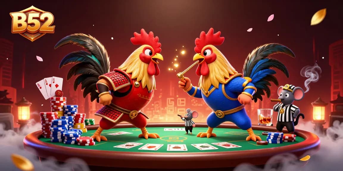 B52 roosters face-off at a vibrant poker table, showcasing thrilling game elements.
